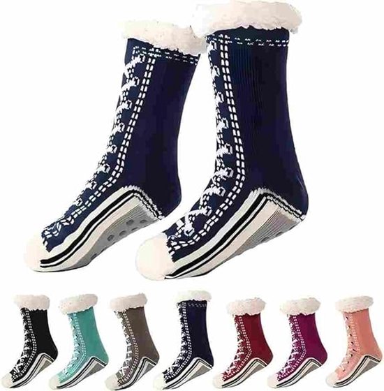 1 paar donkerblauwe dikke thermische sokken - geschikt voor damesmaten 35-40 - antislip loungesokken - acrylmateriaal - warm en comfortabel - geschikt voor dames