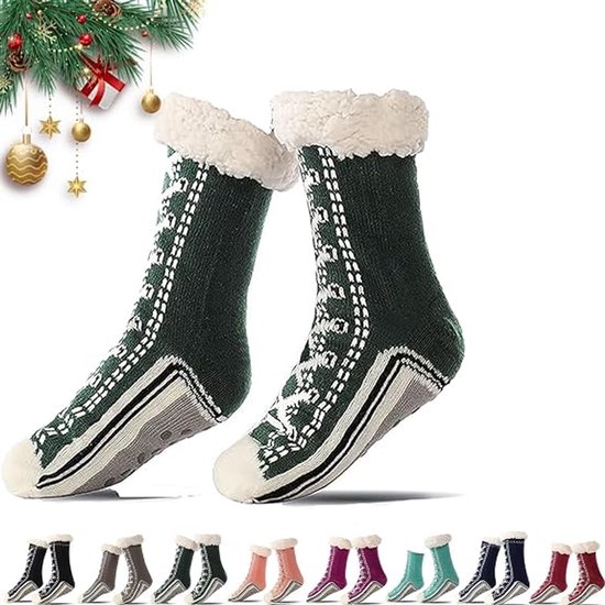 1 paar legergroene, verdikte thermische sokken - geschikt voor damesmaten 35-40 - antislip loungesokken - acrylmateriaal - warm en comfortabel - geschikt voor dames