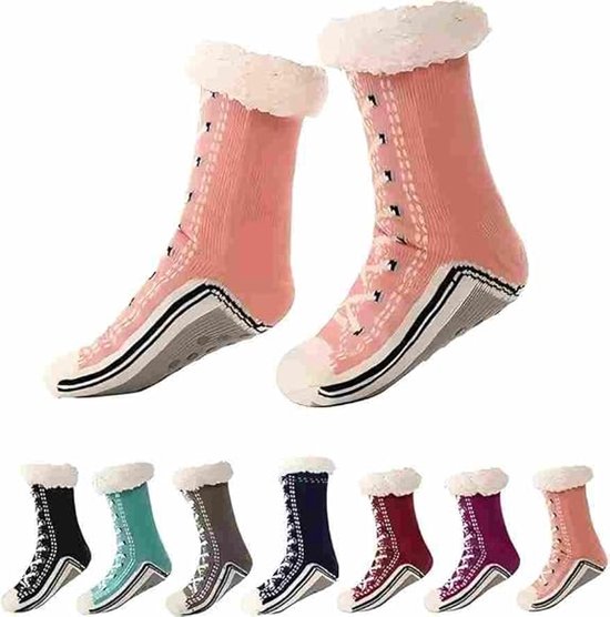 1 paar roze dikke thermische sokken - geschikt voor damesmaten 35-40 - antislip loungesokken - acrylmateriaal - warm en comfortabel - geschikt voor dames