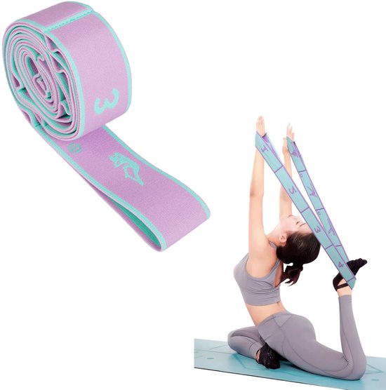 1 Stuk Yoga-stretchband – Stretchband met 11 lussen, Yoga-accessoires, Fitnessbanden, Weerstandsbanden, Gymnastiekband, Elastiek voor Pilates, Dans, Gymnastiek en Effectief rekken - Cyaanpaars - 11 vierkantjes van Merkloos