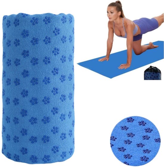 1 stuk - Yogamat handdoek - Yogamathoes - Yogahanddoek - Antislip sportdoek - Antislip yogahanddoek - Zacht - Ademend - met draagtas - sneldrogende -183 x 63 cm - Blauw- Geschikt voor fitnesstraining, strand, picknick, yoga van Merkloos
