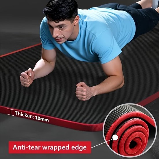 10mm Dikke Yogamat voor Sport, Inclusief Tas en Riem, Antislip, zwart-rood, 183x61 cm