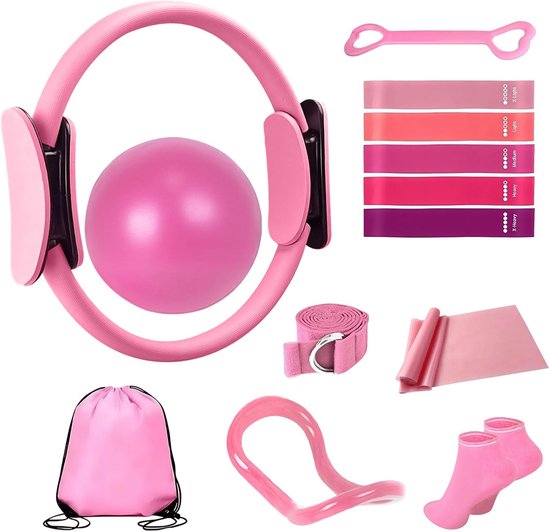 13 Stuks Pilates uitrustingset voor dames - Yoga & Fitness Set - Pilates-trainingsset voor thuis - thuisgymset - Oefenbanden - Weerstand Band - oefenbal - yogaset voor beginners met pilatesring, 24 cm yogabal, 5 weerstandsbanden, magische cirkel van Merkloos
