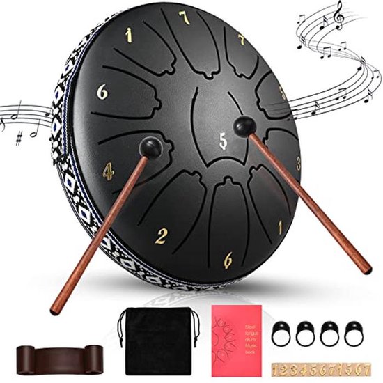 15 cm Stalen Tongdrum - 11 Tonen, C-sleutel, Mini Handpan Trommel met Tas, Hamers en Plectrums - Ideaal voor Kamperen, Yoga en Meditatie van Merkloos