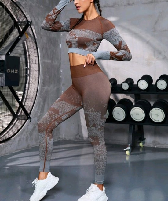 2 delige Sportlegging en Top - Yoga - Fitness set - dames Legging - Sportkleding - Fashion legging - Gym Sports - Legging Fitness Wear - High Waist - BRUIN GRIJS - Maat S 36