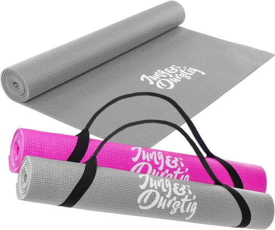 2-in-1 yogamat, bekleed en antislip, gymnastiekmat met yogastrap, fitnessmat inclusief e-book workout, sportmat, afmetingen 173 x 61 cm, grijs