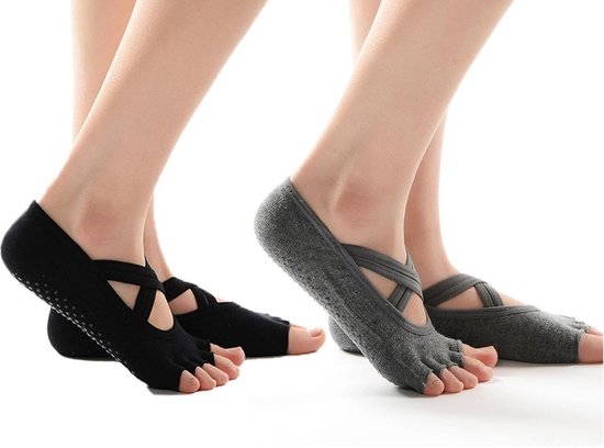 2 paar antislip Pilates-sokken - Yoga Sokken voor dames - Ademende sportsokken met grip - Yogasokken met gespleten teen - Dubbele kruisband antislip vloersokken - Perfect voor ballet, pilates en yoga