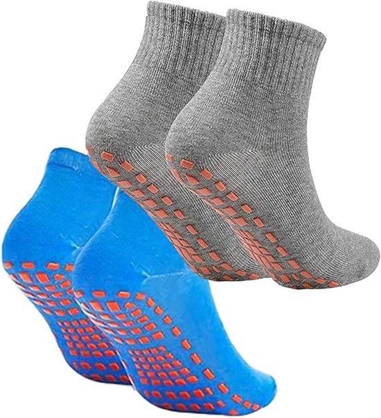 2 paar antislip sokken - Yogasokken - Antislip sokken - Stop sokken - Antislip sportsokken voor volwassenen - Katoen - Sport - Yoga - Pilates - Gymnastiek - Trampolinesokken - Blauw - Grijs - Maten 36-43 van Merkloos