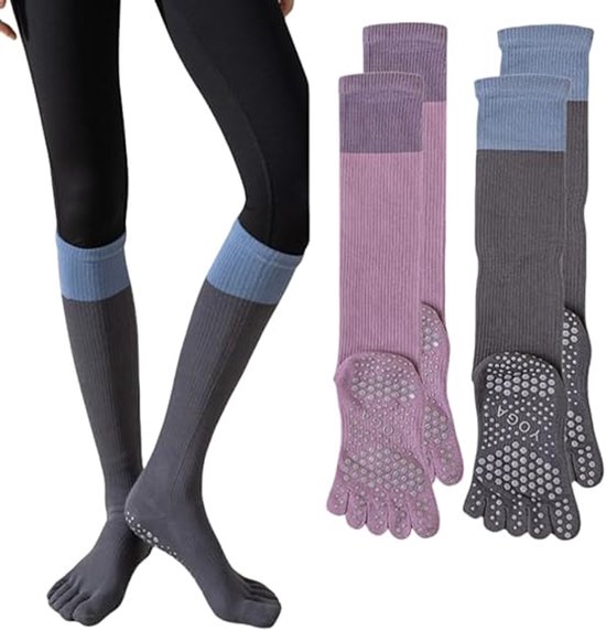 2 paar antislip teensokken (onzichtbaar) voor dames, warme sportsokken voor yoga en fitness, compressiesokken tot halverwege de kuit van Merkloos