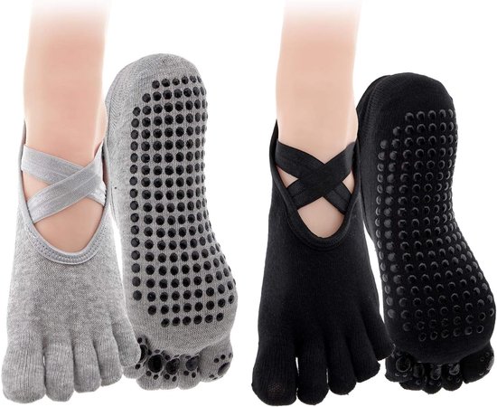 2 Paar Antislip Yoga Sokken met 5 Tenen - Grijs/Zwart