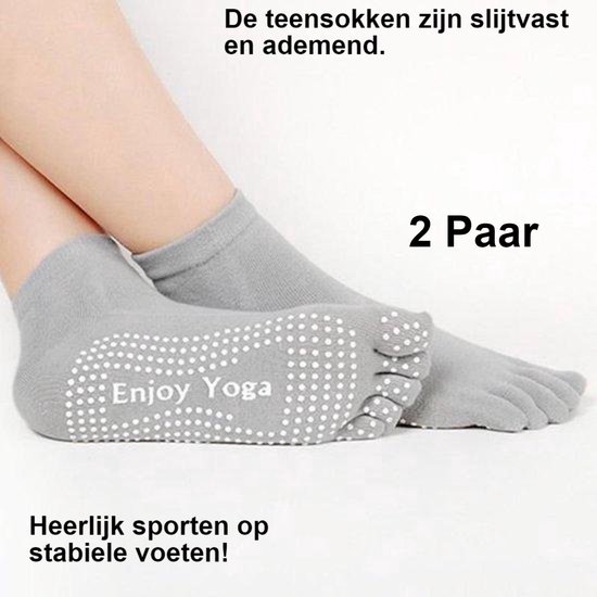 *** 2 Paar Yoga sokken met antislip - Grijs - Tenensokken - Sport sokken - maat 36 tot 40 - van Heble® *** van Heble®