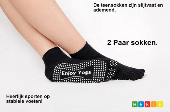 *** 2 Paar Yoga sokken met antislip - Zwart - Tenensokken - Sport sokken - maat 36 tot 40 - van Heble® *** van Heble®
