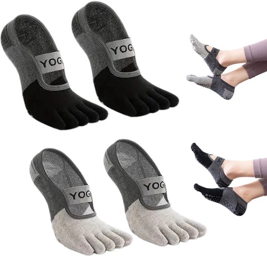 2 paar - Yogasokken - Antislip sokken met vijf tenen - Pilates korte sokken - Zwart, grijs - Ademend - Met antislip nopjes - Geschikt voor Pilates, yoga en algemene oefeningen - Ook geschikt voor Pilates aan de barre en andere oefeningen
