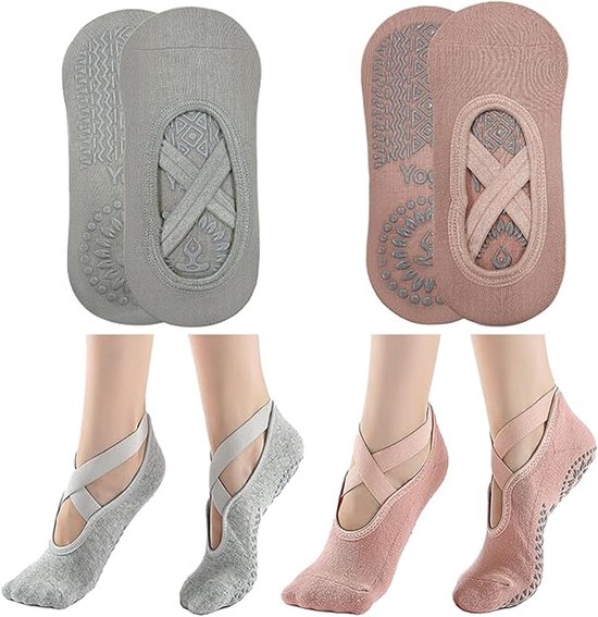 2-pack antislip yogasokken, antislip trainingssokken voor dames en meisjes, one size fits all, vloersokken, met antislip bandjes en koordjes, geschikt voor yoga en vloertraining.Grijs + Roze van Merkloos
