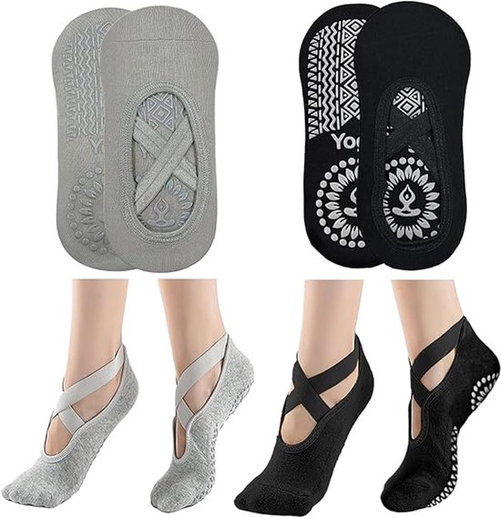 2-pack antislip yogasokken, antislip trainingssokken voor dames en meisjes, one size fits all, vloersokken, met antislip bandjes en koordjes, geschikt voor yoga en vloertraining.Zwart + Grijs van Merkloos