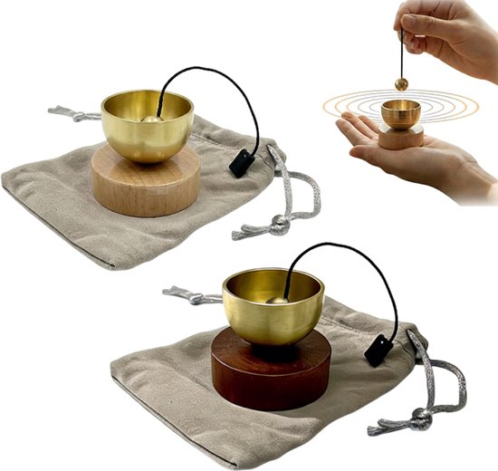 2 stuks - Klankschaal - Klankschaal set - Mini messing klankschaal - met opbergzak - 3cm - Goud + bruin - voor yoga, ontspanning en stressverlichting - klein en draagbaar