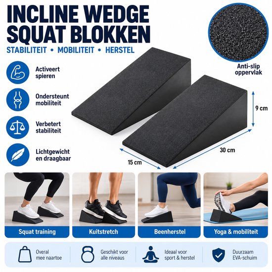 2 Stuks Squat Wedges – Incline Board voor Squats & Kuitstretch – Yoga Blokken – Stabiliteit, Mobiliteit & Beenherstel – Zwart