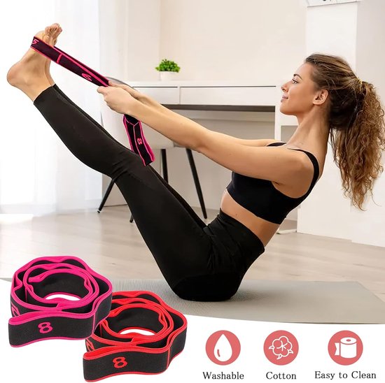 2 stuks yoga stretch riemen, extra lange fitnessbanden, trainingsbanden, ideale weerstandsbanden voor alle oefeningen, fitness, danstraining, gymnastiek, pilates, yoga (rood en roze) van Ailaka