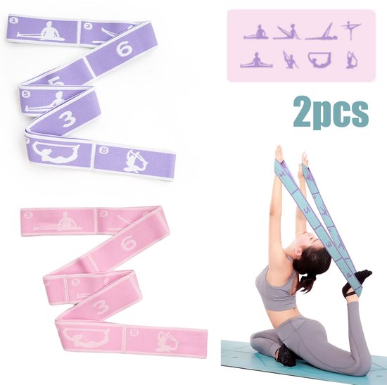2 Stuks Yoga Stretching Bands - Gymnastics Bands - Elastic Resistance Bands with 8 Loops for Pilates, Fitness, Stretching Training - Multi-Loop Adjustable Exercise Bands - Paars en roze - 8 vierkantjes van Merkloos