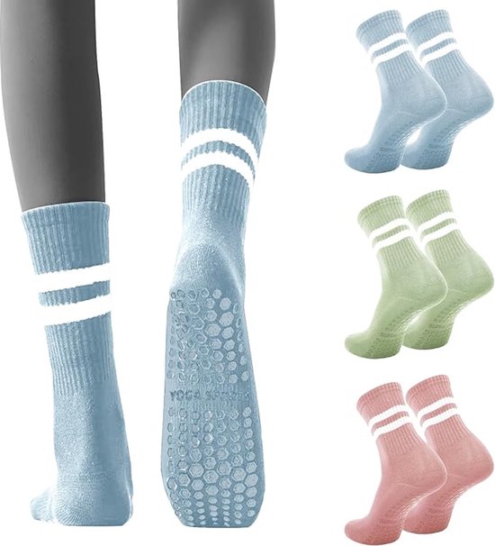 3 paar antislip Pilates ballet trampoline sokken voor dames - blauw/groen/roze van Merkloos