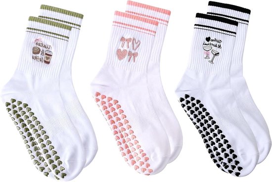 3 paar antislip pilatessokken voor dames - comfortabele yogasokken met hartmotief en noppen voor stabiliteit - ideaal voor Pilates, yoga en ballettraining thuis van Merkloos