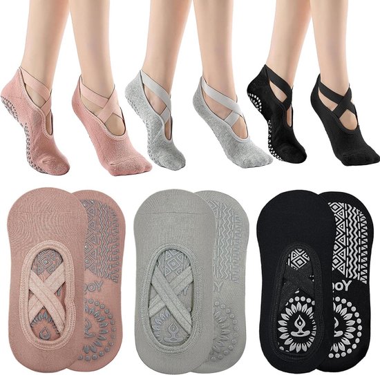 3 paar antislip sokken voor dames en meisjes - yoga en pilates trainingssokken met grip - vloersok met antislip nopjes en bandjes - eenheidsmaat ademend voor fitness en ballet van Merkloos