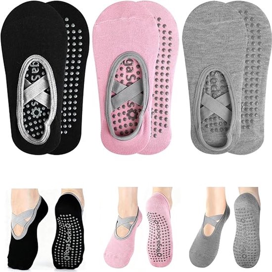3 paar antislip sokken voor dames met siliconen – Pilates-sokken voor dames (zwart, grijs, roze), antislipontwerp, ideaal voor yoga, reformer, dans en fitness van Merkloos
