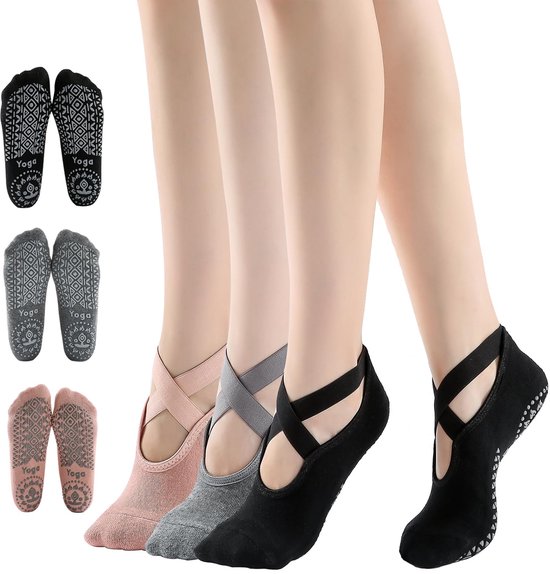 3 paar antislip yogasokken en pilatessokken voor yoga, stang, pilates en dans, thuis, maat 35-41 (zwart, donkergrijs en roze), zwart, donkergrijs
