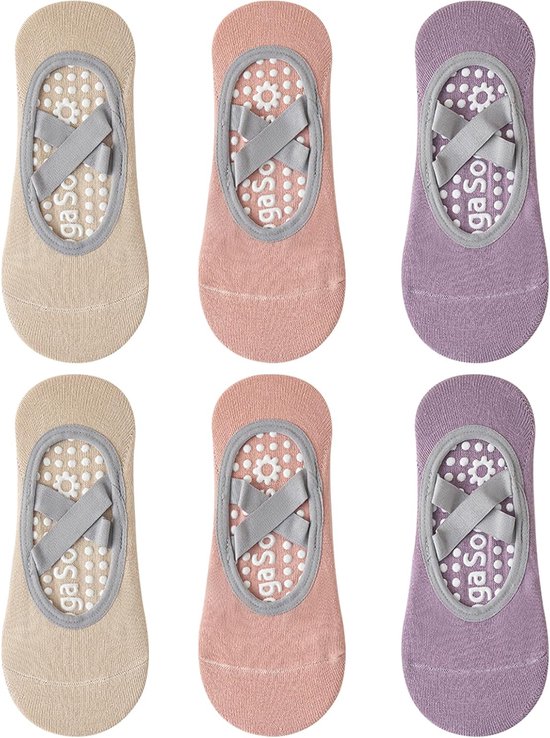 3 paar antislip yogasokken met handgrepen voor dames - katoen sokken voor balletbar, dans, fitness, pilates - paars, kaki, roze van Merkloos