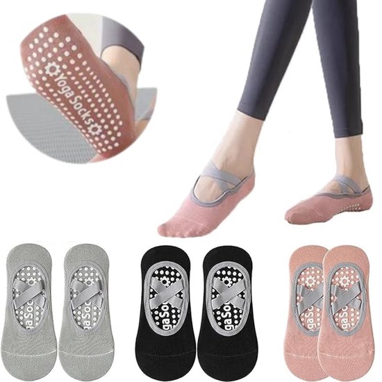 3 paar - Antislip yogasokken - Yogasokken - Antislip pilatessokken - Antislipzool - Met antislipbandjes - Ademend - Comfortabel - Roze, Zwart, Grijs - Geschikt voor Pilates, Fitness, Ballet, Thuisworkouts van Merkloos