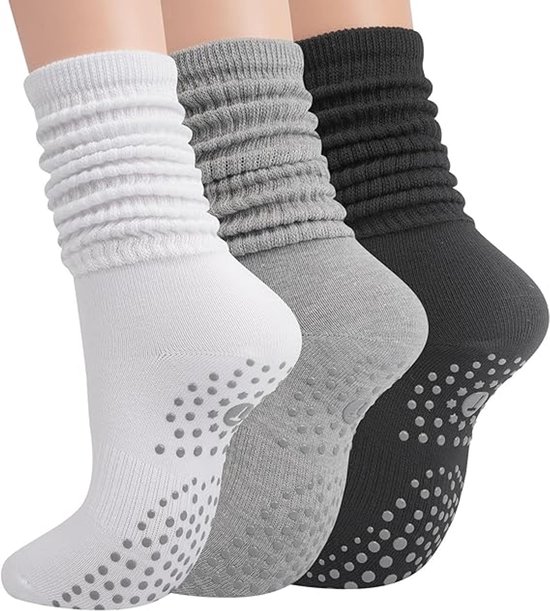 3 paar antislipsokken voor dames - Met siliconen antislipdesign - Yoga trainingssokken - Sokken voor balletoefeningen - 16*8*18 cm - Maten [36-43]-Yoga, pilates, ballet, ziekenhuis, dagelijks gebruik - Wit, grijs, zwart van Merkloos