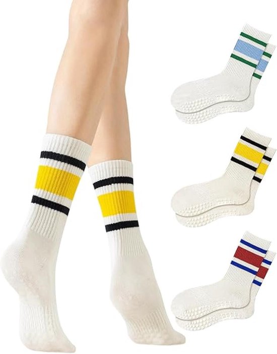 3 Paar - Dames Antislip Yoga Pilates Sokken - Antislip sokken - Ademend Katoenen Enkelsokken met Grip - Yoga Sokken - Voor Ballet, Dans, Fitness & Dagelijkse Workouts - 3 Modieuze Kleuren van Merkloos