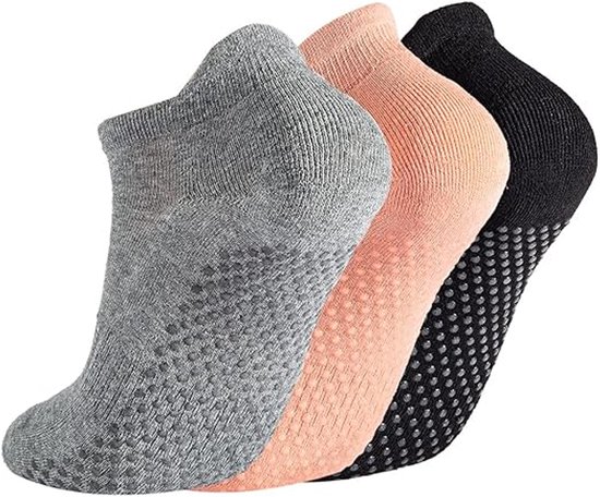 3 Paar - Dames Antislip Yoga Pilates Sokken - Yoga Sokken - Roze, zwart, grijs - Antislip sokken - Ademend Katoenen Enkelsokken met Grip - Voor Ballet, Dans, Fitness & Dagelijkse Workouts