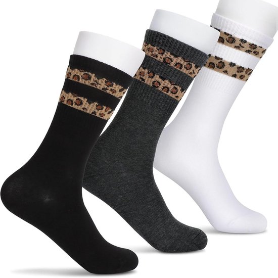 3 paar dames sokken maat 35-41 met luipaardpatroon - katoenen crew sokken - tennissokken - Leo Socks, Meerkleurig.