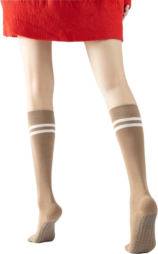 3 paar Khaki - Yogasokken met grip voor dames, antislip gekleurde, gevoerde kniehoge sokken tot over de kuit voor barre balletdans - yogasokken tot halverwege de kuit van Merkloos