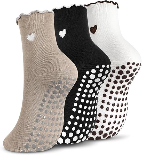 3 paar schattige pilatessokken met grip voor dames, katoenen sokken met ruches, antislip, geschikt voor pilates, yoga en barre. van Merkloos