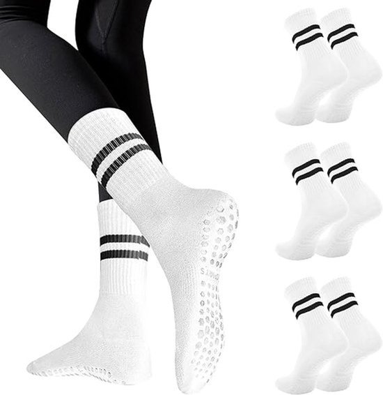 3 paar sokken - antislipsokken - vloersokken - puur katoenen sokken - antislipkousen- one size fits all - geschikt voor yoga, ballet, dans, gym op blote voeten - wit van Merkloos