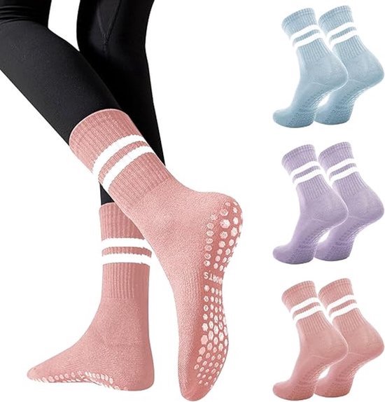 3 paar sokken - antislipsokken - vloersokken - puur katoenen sokken - antislipkousen - yogaoefeningsokken - one size fits all - geschikt voor yoga, ballet, dans, blotevoetentraining - roze, blauw, paars - blauw rood paars van Merkloos
