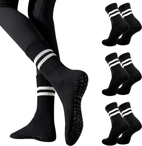 3 paar sokken - antislipsokken - vloersokken - puur katoenen sokken - antislipkousen - yogaoefeningsokken - one size fits all - geschikt voor yoga, ballet, dans, gym op blote voeten - zwart van Merkloos