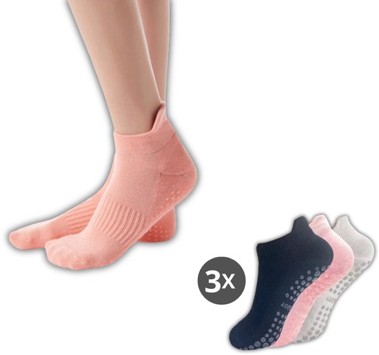 3 Paar Yoga Sokken Antislip Dames - Antislip Sokken Dames - Pilates Sokken - Anti Slip Sokken - Roze, Grijs & Zwart van Adorable Danish