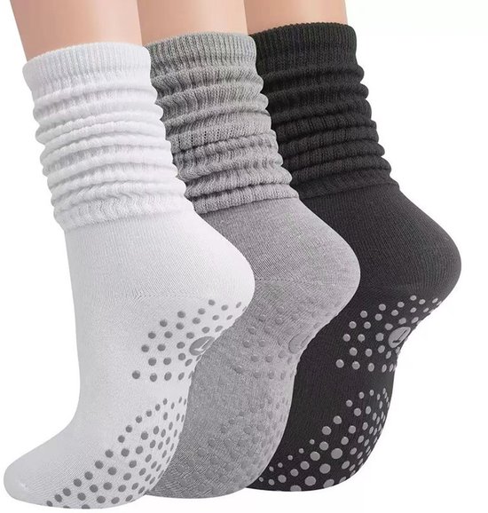 3 paar yoga sokken - pilates sokken - sokken - antislip sokken - slouchsokken - polyester-katoenmix - wit/zwart/grijs van Merkloos