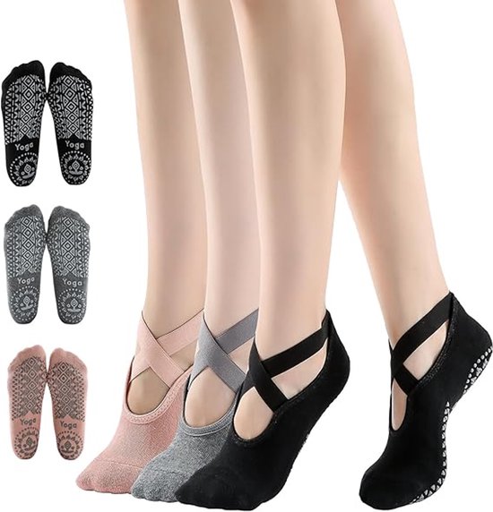 3 paar yogasokken - Pilatessokken - antislipsokken - sportsokken - balletsokken - voor yogapaal Pilates dans - zwart, donkergrijs en roze van Merkloos