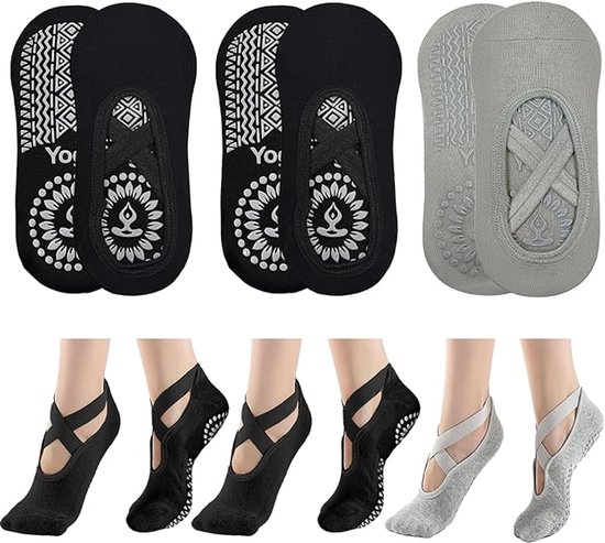 3-pack antislip yogasokken, antislip trainingssokken voor dames en meisjes, one size fits all, vloersokken, met antislip bandjes en koordjes, geschikt voor yoga en vloertraining.Zwart * 2 stuks + Grijs