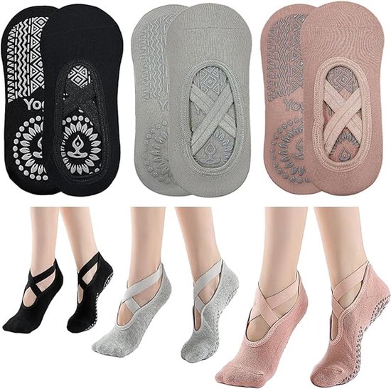 3-pack antislip yogasokken, antislip trainingssokken voor dames en meisjes, one size fits all, vloersokken, met antislip bandjes en koordjes, geschikt voor yoga en vloertraining.Zwart + Grijs + Roze van Merkloos