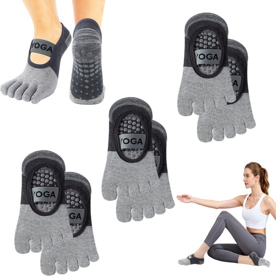 3 stuks - Vijfvingersokken - Yogasokken - Pilatessokken - Yogasokken voor dames - Antislipsokken - Ballerinas - Met antislipdeeltjes - Grijs - One size fits all - Essentiële schoenen voor sport en fitness