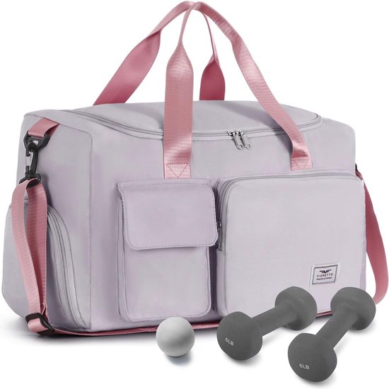 35L Sporttas voor dames, opvouwbare reistas met schoenenvak en nat vak, waterafstotende weekendtas, gymtas, handbagage, tas, trainingstas voor dames en heren, 35 l, grijs en roze van Babble Rex
