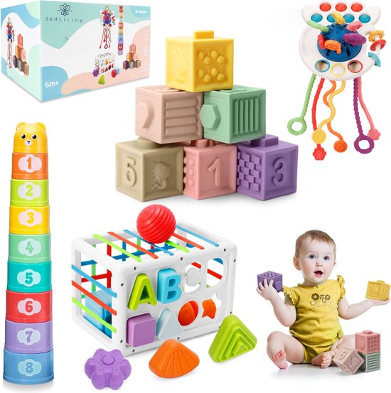360 Living® - Baby Speelgoed 6 maanden - 4 in 1 set - Speelgoed 1 Jaar - Stapelstenen - Bijtketting - Trekkoord Baby - Vormenstoof - 0 tot 4 jaar - Babyspeelgoed 0 Jaar - Montessori Speelgoed - Baby Speelgoed van 360 Living