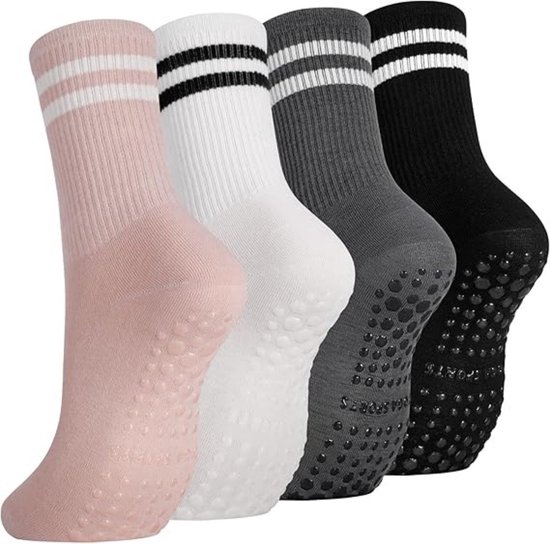 4 paar antislip yoga sokken voor dames - antislip pilates sokken - antislip mid-tube sokken voor dames - ademende katoenen sokken - geschikt voor ballet, dans, oefeningen, fitness, hardlopen - 35-39 van Merkloos