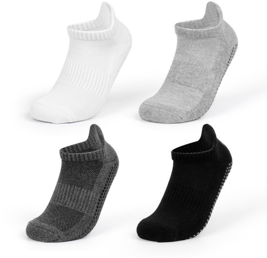 4 paar antislip yogasokken - badstof katoenen sokken - verdikte zweetabsorberende en anti-geur sokken - met antislipfunctie - geschikt voor Pilates, ballet, ballet, op blote voeten, ziekenhuis antislipsokken - unisex (XL, 47-50)