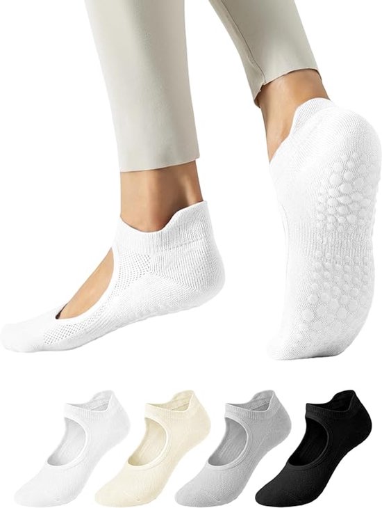 4 paar antislip yogasokken en pilatessokken voor dames, katoenen gripsokken - Mary Jane antislipzool voor yoga, pilates en dans, maat 35-41, 4 kleuren (wit, crème wit, lichtgrijs, zwart)
